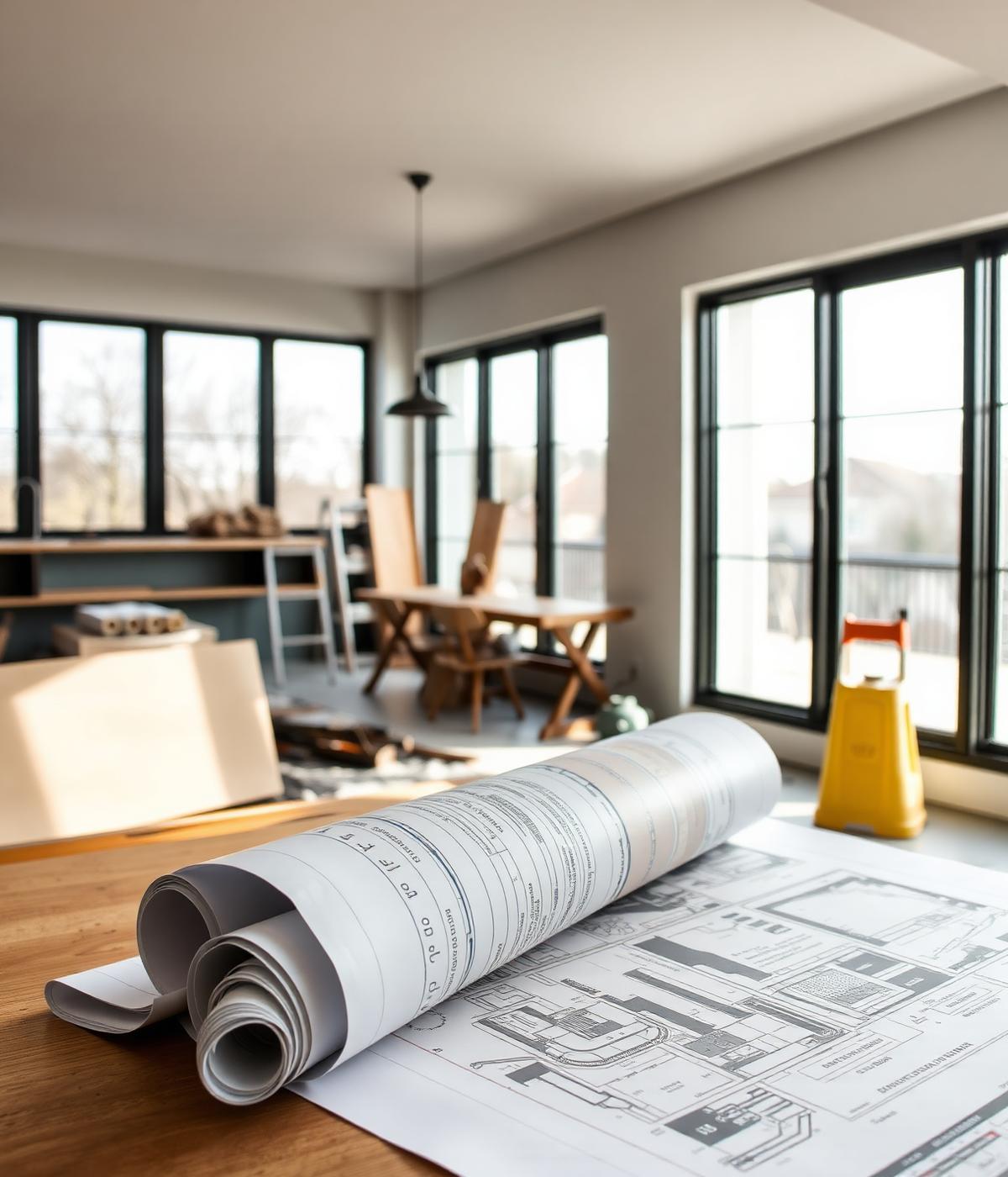 Byggnad under renovering med ritningar i förgrunden