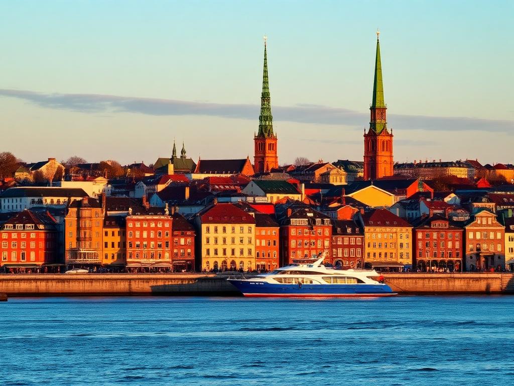 Stockholms innerstad med äldre bebyggelse vid vattnet i kvällsljus